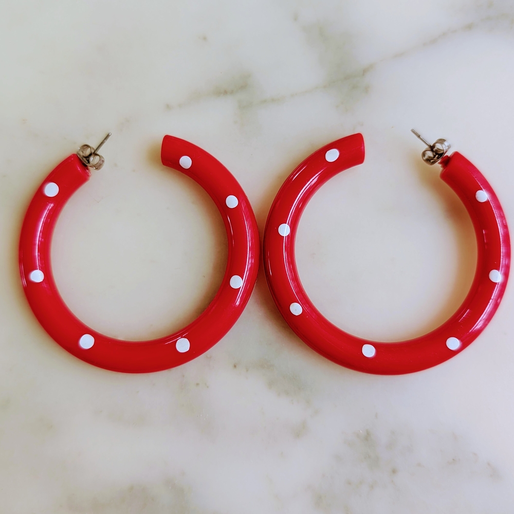 Vibrant Red Hoop Earrings with White Dots